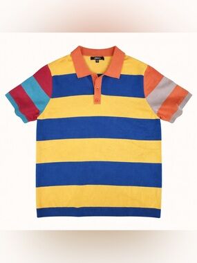 NOVA MEN Colorblock Striped Knit Polo Shirt Large Retro Rainbow